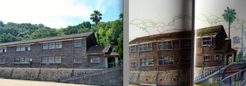 On the left shows the island's small unique school, and on the right is Mr. Chavouet's realistic drawing of it.